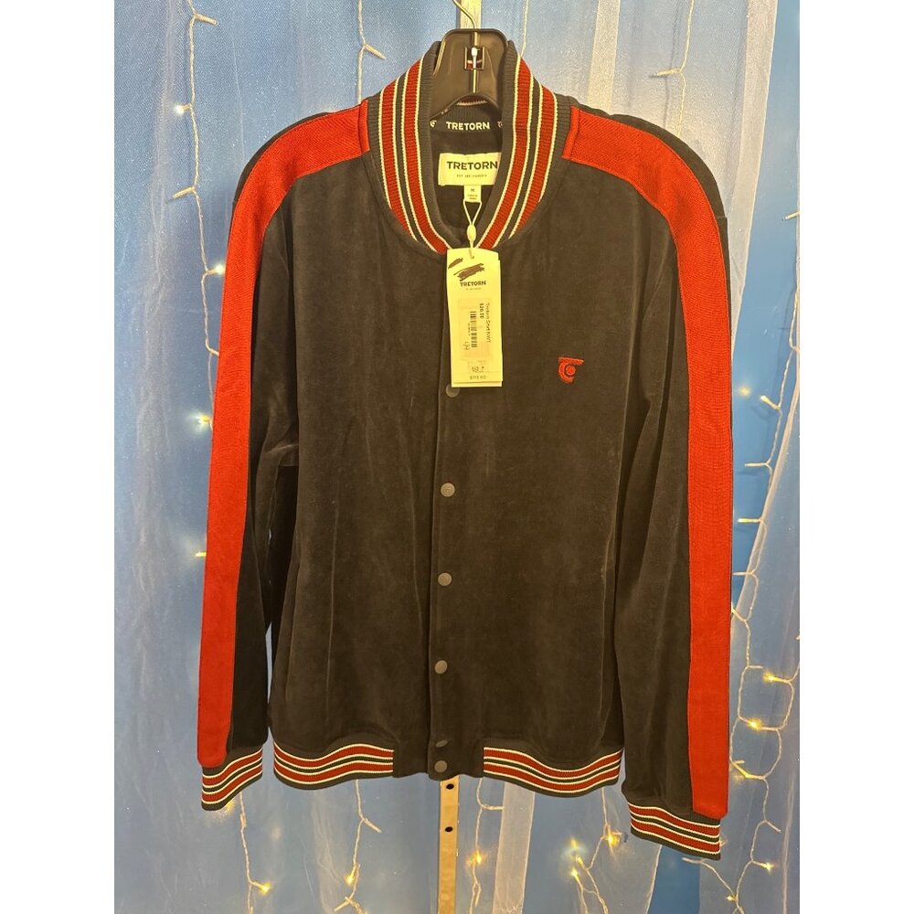 Tretorn Mens Velour Navy Jacket With Red Striped Trim & Snap Buttons Size M